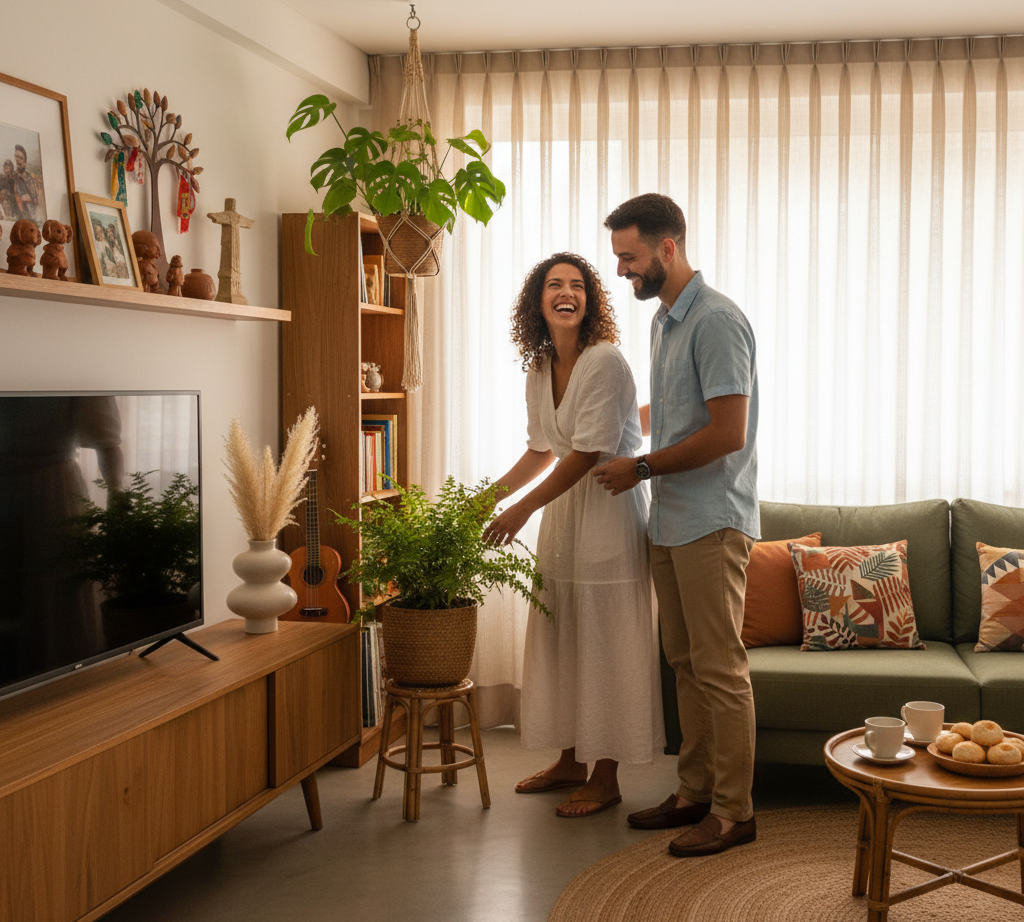 Casal recém-casado arrumando a casa nova.